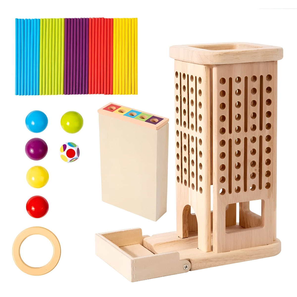 Jucarie Educativa Montessori, Klevo, 3 in 1 din Lemn, Joc Interactiv Senzorial pentru Copii, Turn cu Betisoare si Bile, Dezvolta Motricitatea Fina si Logica, 3 ani+, Multicolor