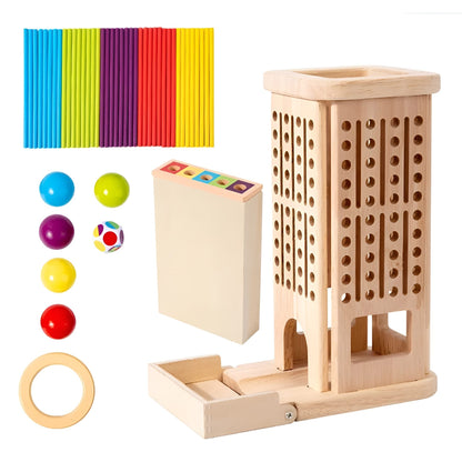Jucarie Educativa Montessori, Klevo, 3 in 1 din Lemn, Joc Interactiv Senzorial pentru Copii, Turn cu Betisoare si Bile, Dezvolta Motricitatea Fina si Logica, 3 ani+, Multicolor