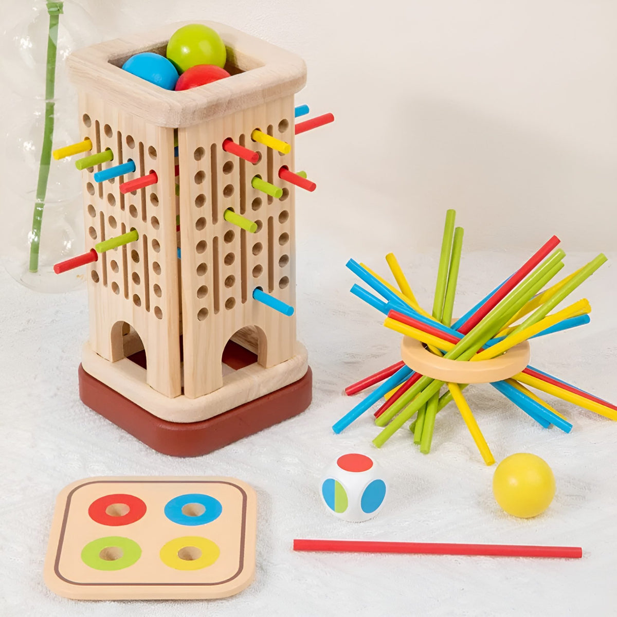 Jucarie Educativa Montessori, Klevo, 3 in 1 din Lemn, Joc Interactiv Senzorial pentru Copii, Turn cu Betisoare si Bile, Dezvolta Motricitatea Fina si Logica, 3 ani+, Multicolor