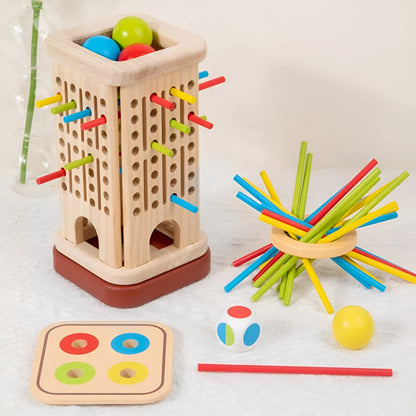 Jucarie Educativa Montessori, Klevo, 3 in 1 din Lemn, Joc Interactiv Senzorial pentru Copii, Turn cu Betisoare si Bile, Dezvolta Motricitatea Fina si Logica, 3 ani+, Multicolor
