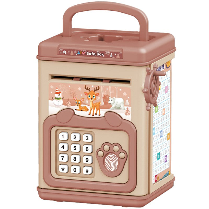 Pusculita pentru Copii, Klevo, pusculita pentru economii SMART BOX cu efecte sonore, Tip ATM, cu Parola cu Amprenta, din plastic, 20 x 13.5 x 11.5 cm Roz