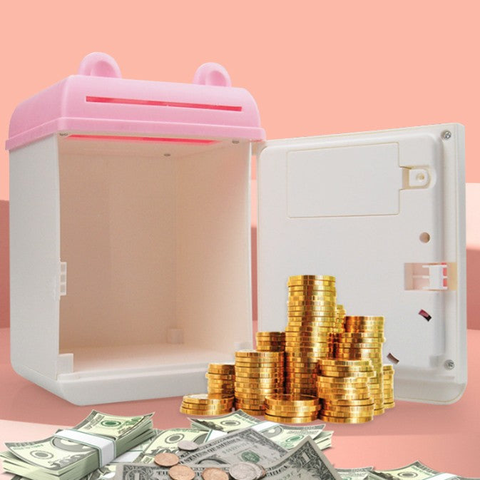 Pusculita pentru Fetite, Klevo, Pusculita pentru Economii PIGGY BOX, Pusculita Simpla cu Key Access, 17 x 11.5 x 10 cm, 400 gr, Alb Roz