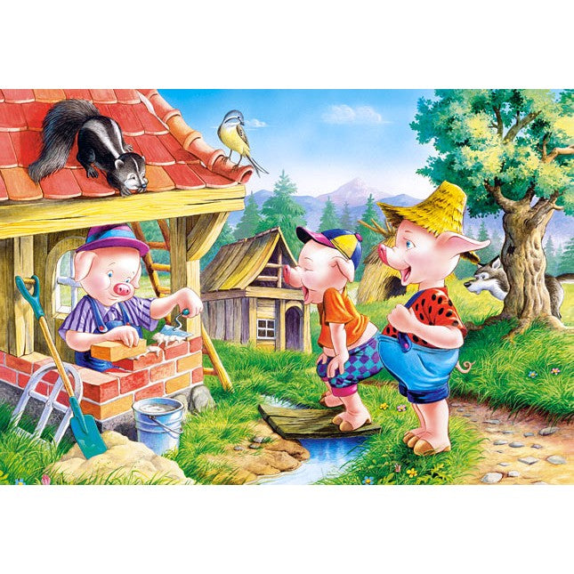 Puzzle 60 de Piese din Lemn in Cutie Metalica, Klevo, Model Cei Trei Purcelusi, Educativ, Dezvoltare Abilitati Cognitive, pentru Prescolari, 22.5x13.5 cm, Multicolor