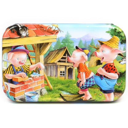 Puzzle 60 de Piese din Lemn in Cutie Metalica, Klevo, Model Cei Trei Purcelusi, Educativ, Dezvoltare Abilitati Cognitive, pentru Prescolari, 22.5x13.5 cm, Multicolor