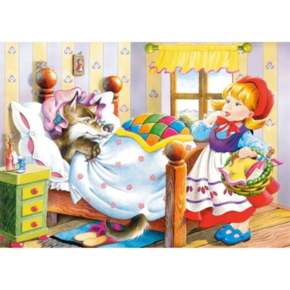 Puzzle 60 de Piese din Lemn in Cutie Metalica, Klevo, Model Scufita Rosie, Educativ, Dezvoltare Abilitati Cognitive, pentru Prescolari, 22.5x13.5 cm, Multicolor