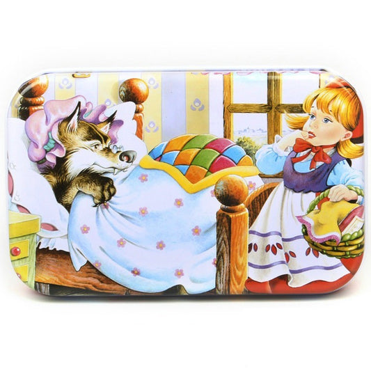 Puzzle 60 de Piese din Lemn in Cutie Metalica, Klevo, Model Scufita Rosie, Educativ, Dezvoltare Abilitati Cognitive, pentru Prescolari, 22.5x13.5 cm, Multicolor
