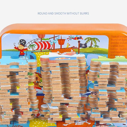Puzzle 60 de Piese din Lemn in Cutie Metalica, Klevo, Model Submarin, Educativ, Dezvoltare Abilitati Cognitive, pentru Prescolari, 22.5x13.5 cm
