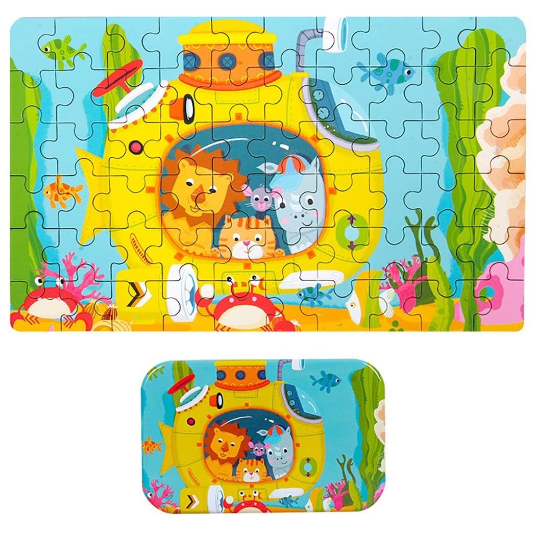 Puzzle 60 de Piese din Lemn in Cutie Metalica, Klevo, Model Submarin, Educativ, Dezvoltare Abilitati Cognitive, pentru Prescolari, 22.5x13.5 cm