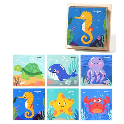 Puzzle din Lemn, Klevo, 9 Cuburi, 6 Fete, 4-6 Ani, 11 x 11 x 3.2 cm, Model Animale Marine, Multicolor