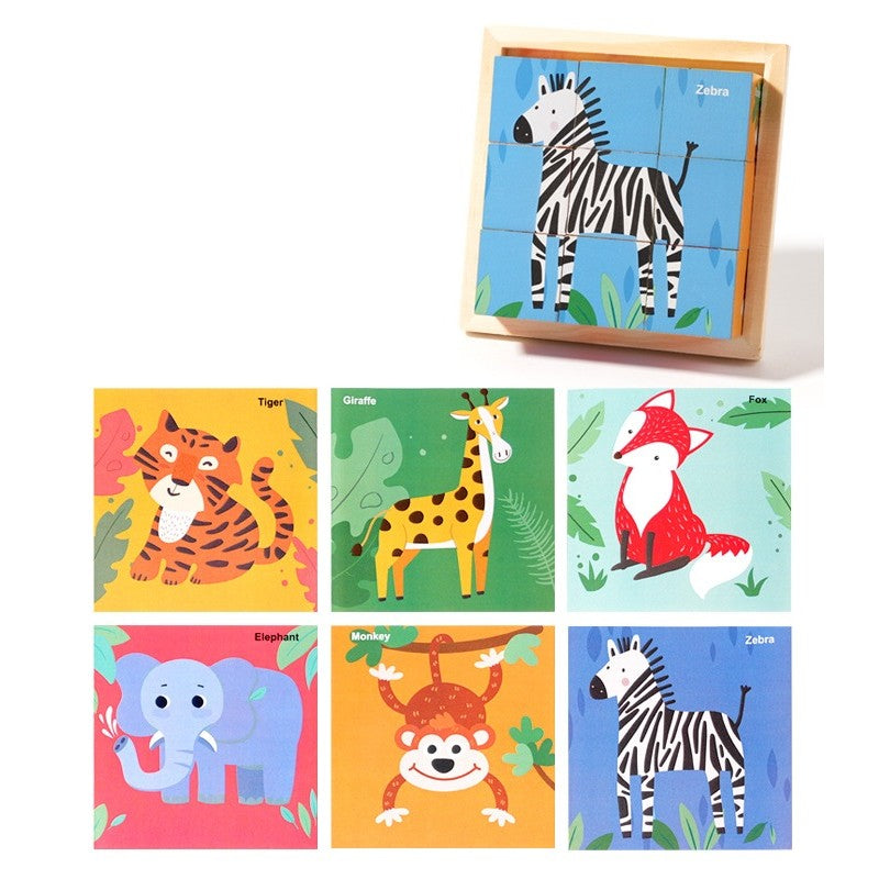 Puzzle din Lemn, Klevo, 9 Cuburi, 6 Fete, 4-6 Ani, 11 x 11 x 3.2 cm, Model Animale Salbatice, Multicolor