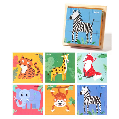 Puzzle din Lemn, Klevo, 9 Cuburi, 6 Fete, 4-6 Ani, 11 x 11 x 3.2 cm, Model Animale Salbatice, Multicolor