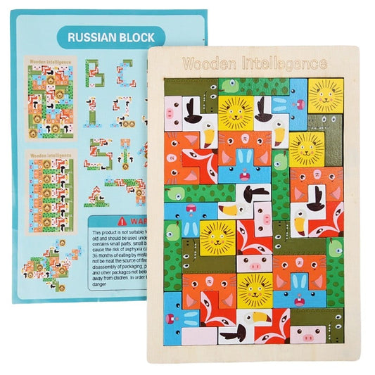 Puzzle din Lemn Klevo, Tip Tetris, +4 Ani, cu Animale Colorate 3D, 40 Piese, Multicolor