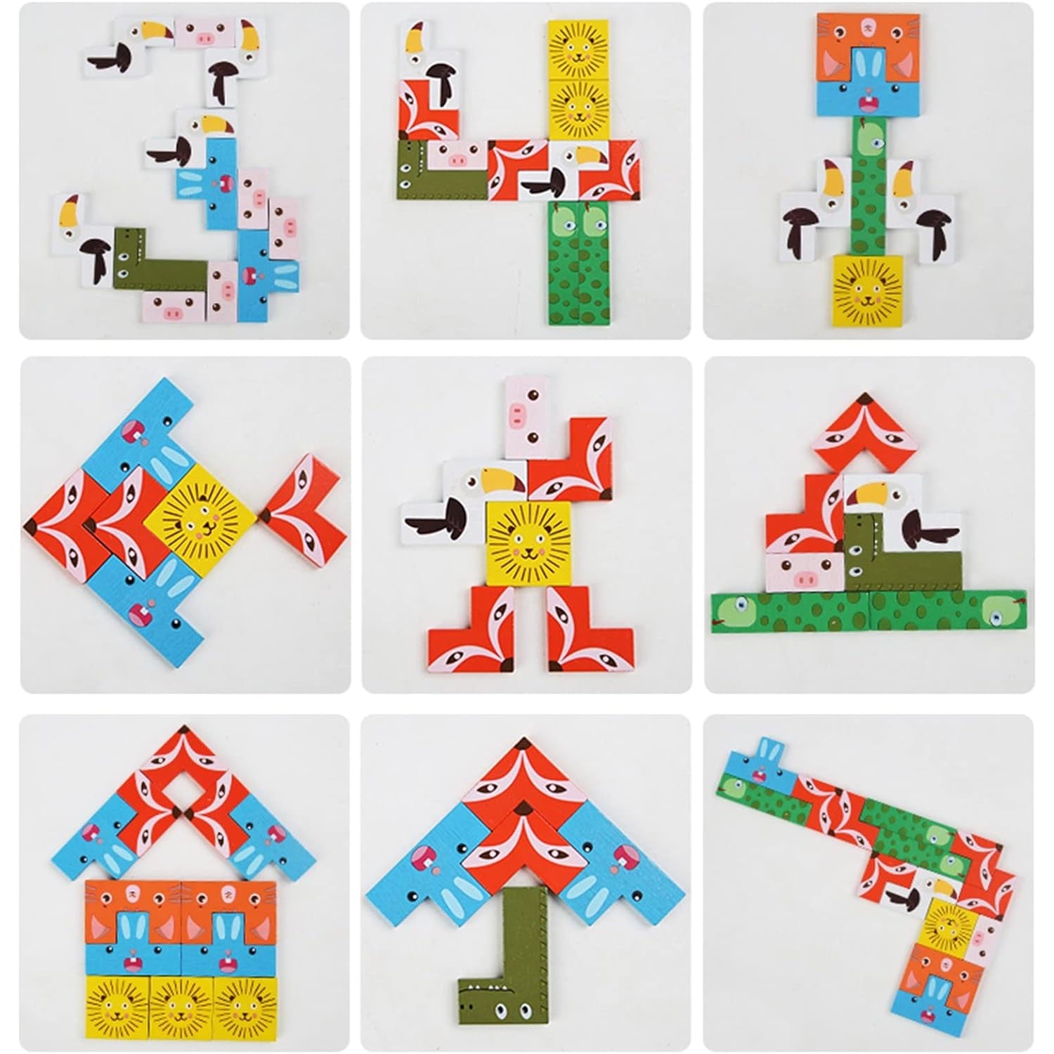 Puzzle din Lemn Klevo, Tip Tetris, +4 Ani, cu Animale Colorate 3D, 40 Piese, Multicolor