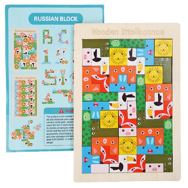 Puzzle din Lemn Klevo, Tip Tetris, +4 Ani, cu Animale Colorate 3D, 40 Piese, Multicolor