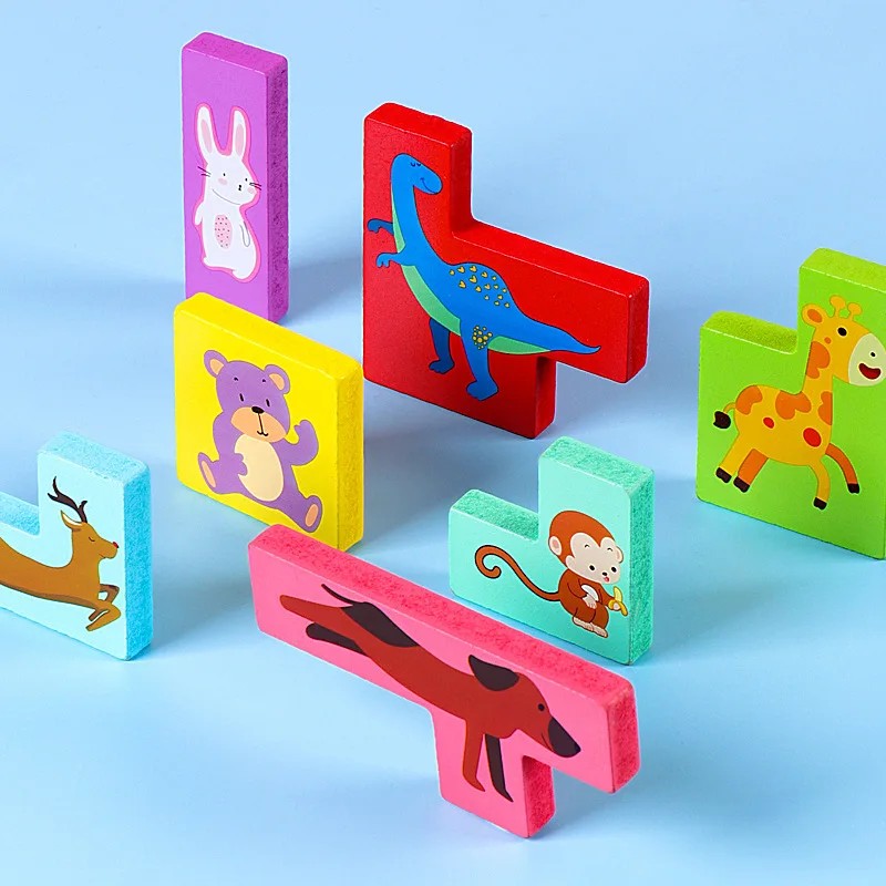 Puzzle din Lemn Klevo, Tip Tetris, +4 Ani, cu Animale Colorate 3D, 7 Piese, Multicolor