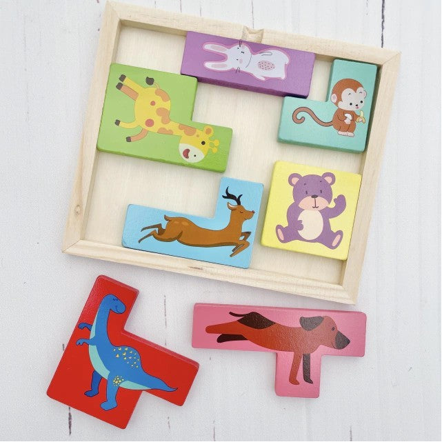 Puzzle din Lemn Klevo, Tip Tetris, +4 Ani, cu Animale Colorate 3D, 7 Piese, Multicolor