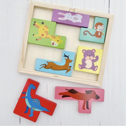 Puzzle din Lemn Klevo, Tip Tetris, +4 Ani, cu Animale Colorate 3D, 7 Piese, Multicolor