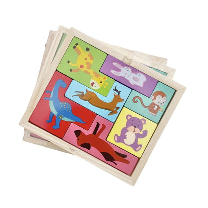 Puzzle din Lemn Klevo, Tip Tetris, +4 Ani, cu Animale Colorate 3D, 7 Piese, Multicolor