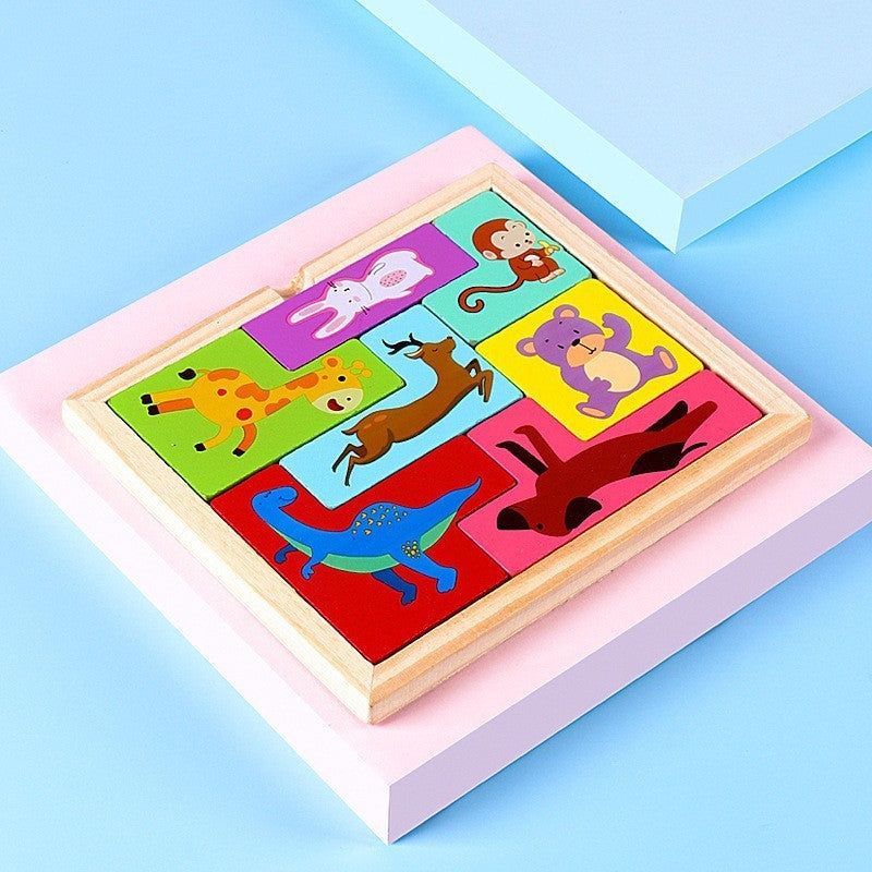 Puzzle din Lemn Klevo, Tip Tetris, +4 Ani, cu Animale Colorate 3D, 7 Piese, Multicolor