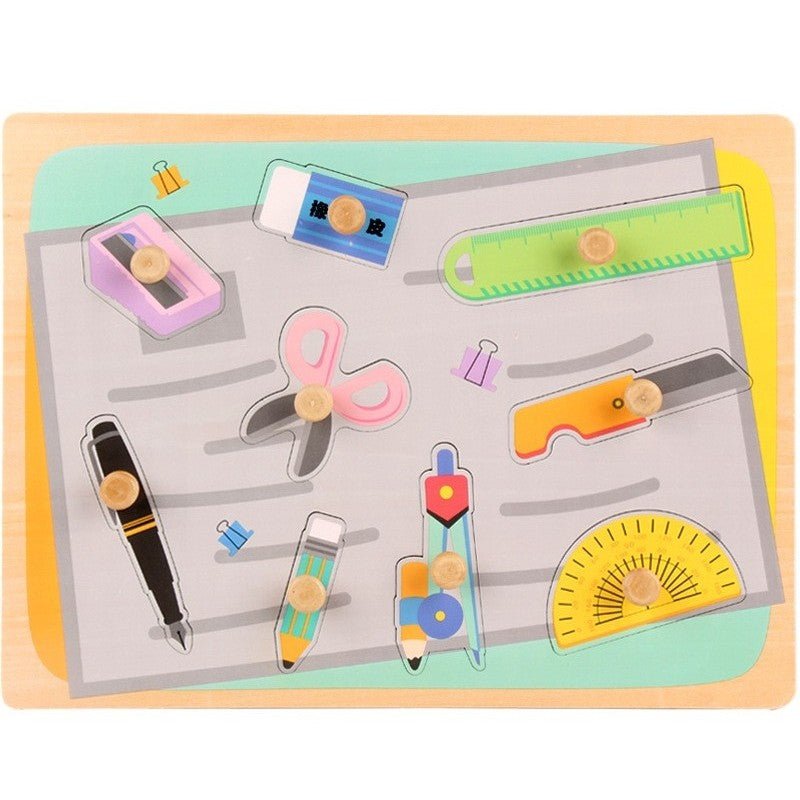 Puzzle Montessori din Lemn pentru Copii, Klevo, 0-3 Ani, 3D, Model Instrumente Matematice, Educativ, Intuitiv, Creativ, 9 Piese, 30x22.5x0.8 cm, Multicolor
