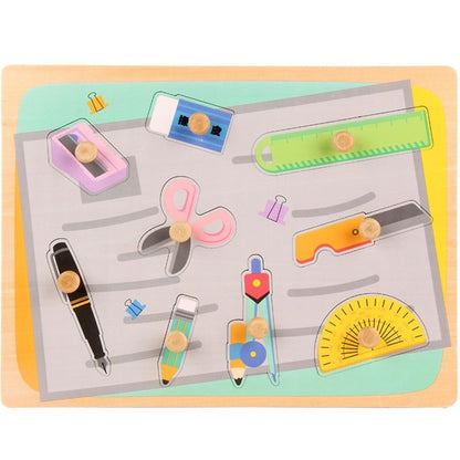 Puzzle Montessori din Lemn pentru Copii, Klevo, 0-3 Ani, 3D, Model Instrumente Matematice, Educativ, Intuitiv, Creativ, 9 Piese, 30x22.5x0.8 cm, Multicolor