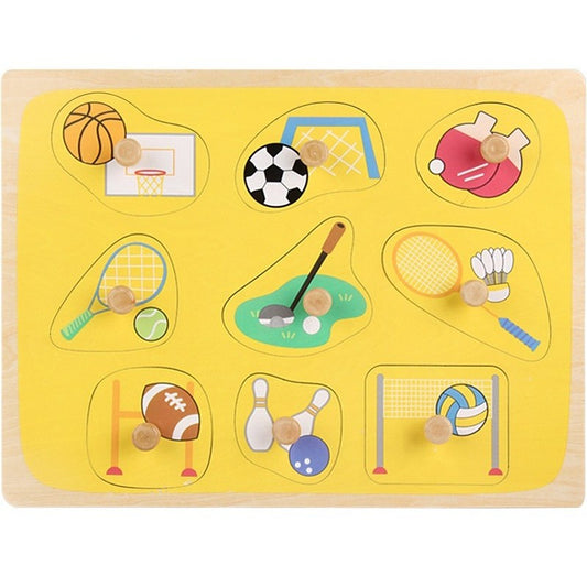 Puzzle Montessori din Lemn pentru Copii, Klevo, 0-3 Ani, 3D, Model Sporturi, Educativ, Intuitiv, Creativ, 9 Piese, 30x22.5x0.8 cm, Multicolor