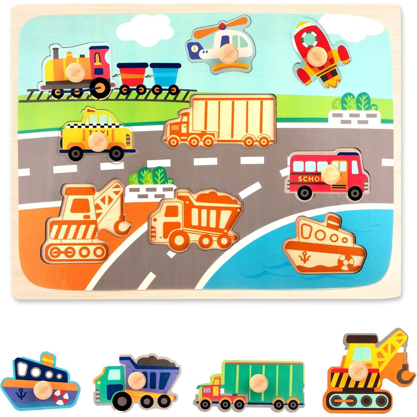 Puzzle Montessori din Lemn pentru Copii, Klevo, 0-3 Ani, 3D, Model Transporturi, Educativ, Intuitiv, Creativ, 9 Piese, 30x22.5x0.8 cm, Multicolor