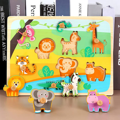 Puzzle Montessori din Lemn pentru Copii, Klevo, 0-3 Ani, Model Animale din Jungla, Educativ, Intuitiv, Creativ, 9 Piese, 30x22.5x0.8 cm, Multicolor