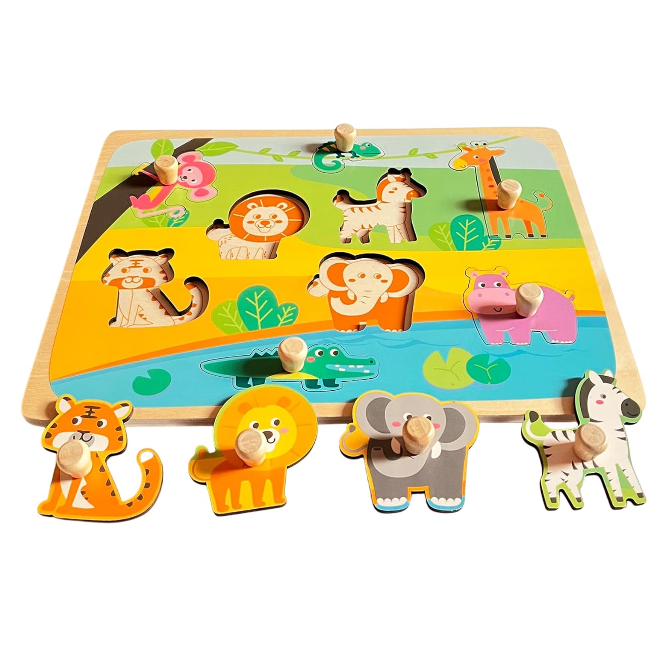 Puzzle Montessori din Lemn pentru Copii, Klevo, 0-3 Ani, Model Animale din Jungla, Educativ, Intuitiv, Creativ, 9 Piese, 30x22.5x0.8 cm, Multicolor