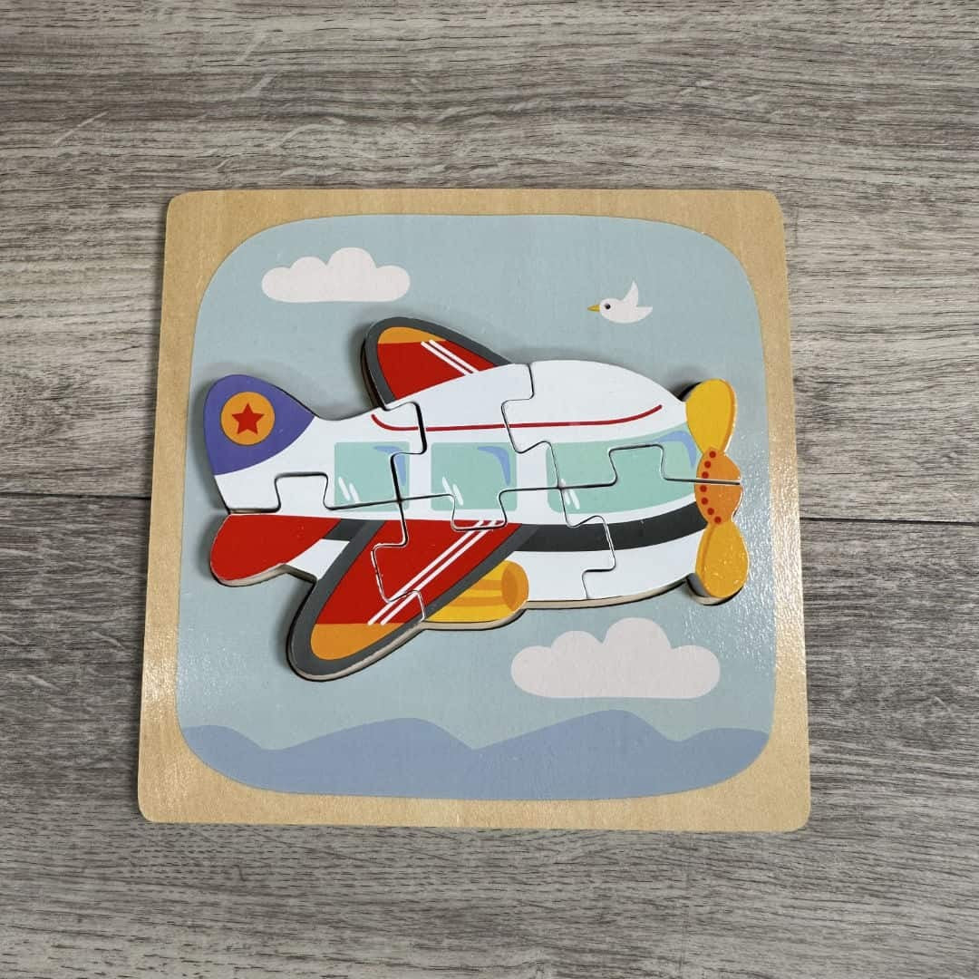 Puzzle Montessori din Lemn pentru Copii, Klevo, 3D, 0-3 Ani, Model Avion, Educativ, Intuitiv, Creativ, 6 Piese, 15x15x0.5 cm, Multicolor