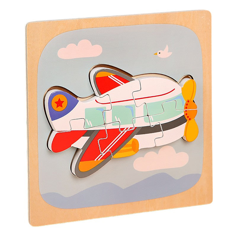 Puzzle Montessori din Lemn pentru Copii, Klevo, 3D, 0-3 Ani, Model Avion, Educativ, Intuitiv, Creativ, 6 Piese, 15x15x0.5 cm, Multicolor