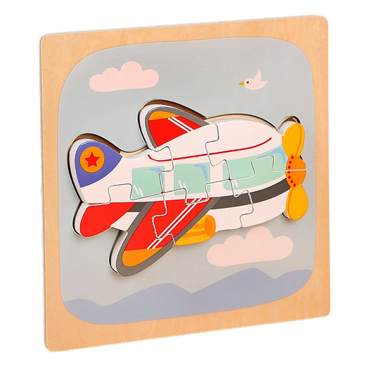 Puzzle Montessori din Lemn pentru Copii, Klevo, 3D, 0-3 Ani, Model Avion, Educativ, Intuitiv, Creativ, 6 Piese, 15x15x0.5 cm, Multicolor