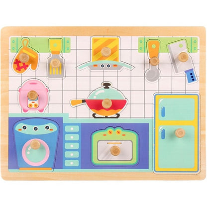 Puzzle Montessori din Lemn pentru Copii, Klevo, 3D, 0-3 Ani, Model Bucatarie, Educativ, Intuitiv, Creativ, 10 Piese, 30x22.5x0.8 cm, Multicolor