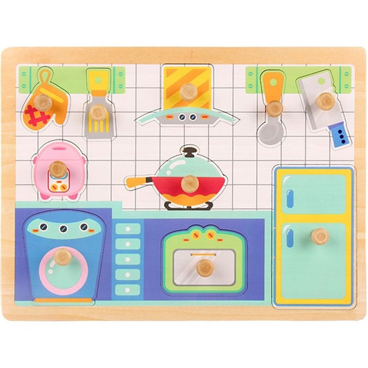 Puzzle Montessori din Lemn pentru Copii, Klevo, 3D, 0-3 Ani, Model Bucatarie, Educativ, Intuitiv, Creativ, 10 Piese, 30x22.5x0.8 cm, Multicolor