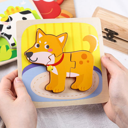 Puzzle Montessori din Lemn pentru Copii, Klevo, 3D, 0-3 Ani, Model Catel, Educativ, Intuitiv, Creativ, 3 Piese, 15x15x0.5 cm, Multicolor