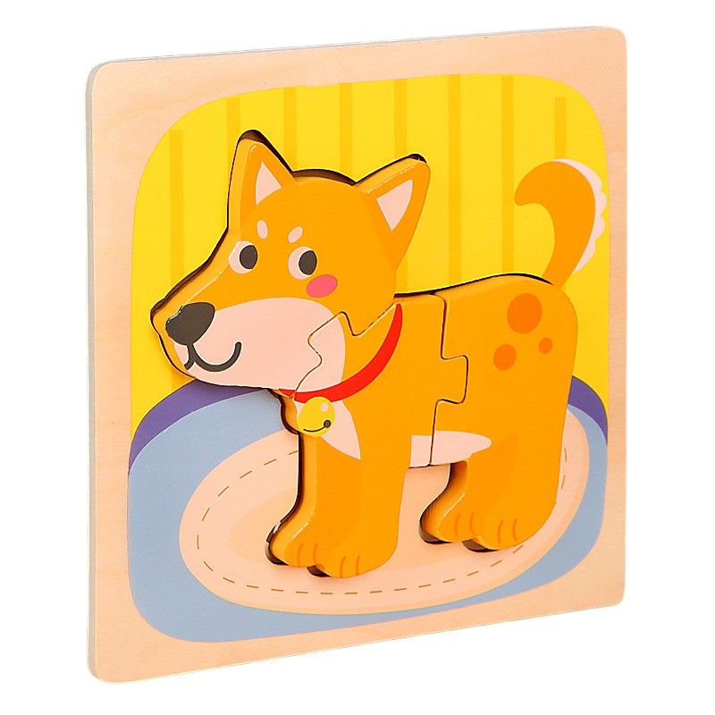 Puzzle Montessori din Lemn pentru Copii, Klevo, 3D, 0-3 Ani, Model Catel, Educativ, Intuitiv, Creativ, 3 Piese, 15x15x0.5 cm, Multicolor