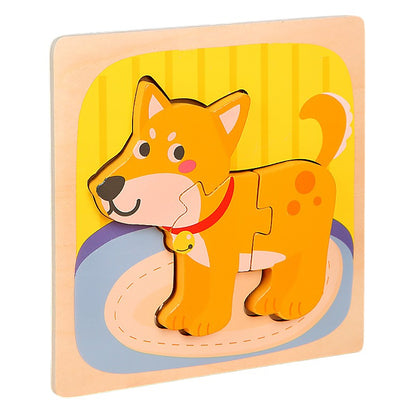 Puzzle Montessori din Lemn pentru Copii, Klevo, 3D, 0-3 Ani, Model Catel, Educativ, Intuitiv, Creativ, 3 Piese, 15x15x0.5 cm, Multicolor
