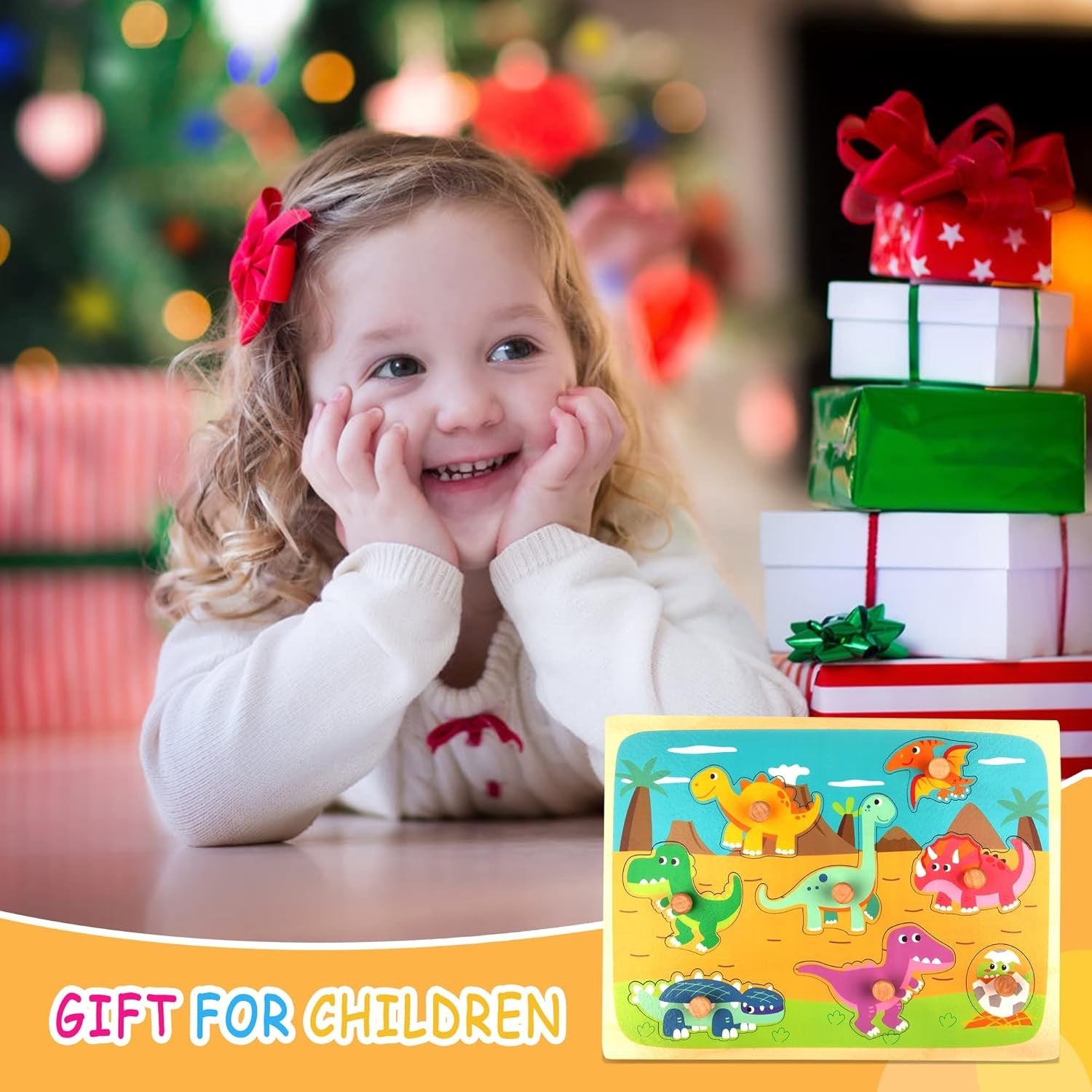 Puzzle Montessori din Lemn pentru Copii, Klevo, 3D, 0-3 Ani, Model Dinozauri, Educativ, Intuitiv, Creativ, 8 Piese, 30x22.5x0.8 cm, Multicolor