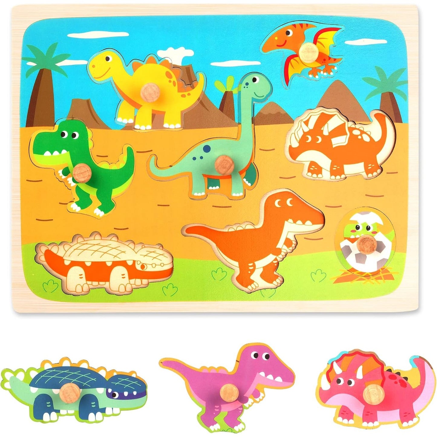 Puzzle Montessori din Lemn pentru Copii, Klevo, 3D, 0-3 Ani, Model Dinozauri, Educativ, Intuitiv, Creativ, 8 Piese, 30x22.5x0.8 cm, Multicolor