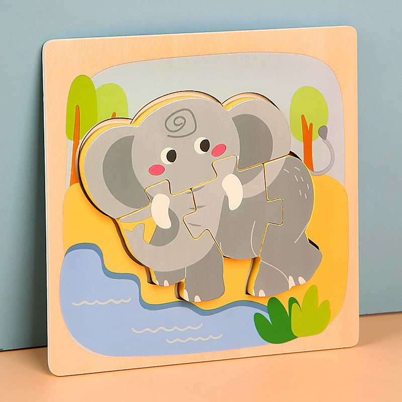 Puzzle Montessori din Lemn pentru Copii, Klevo, 3D, 0-3 Ani, Model Elefant, Educativ, Intuitiv, Creativ, 4 Piese, 15x15x0.5 cm, Multicolor