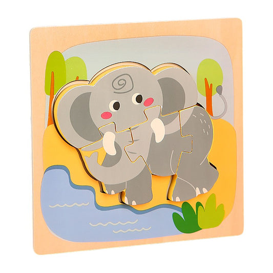 Puzzle Montessori din Lemn pentru Copii, Klevo, 3D, 0-3 Ani, Model Elefant, Educativ, Intuitiv, Creativ, 4 Piese, 15x15x0.5 cm, Multicolor