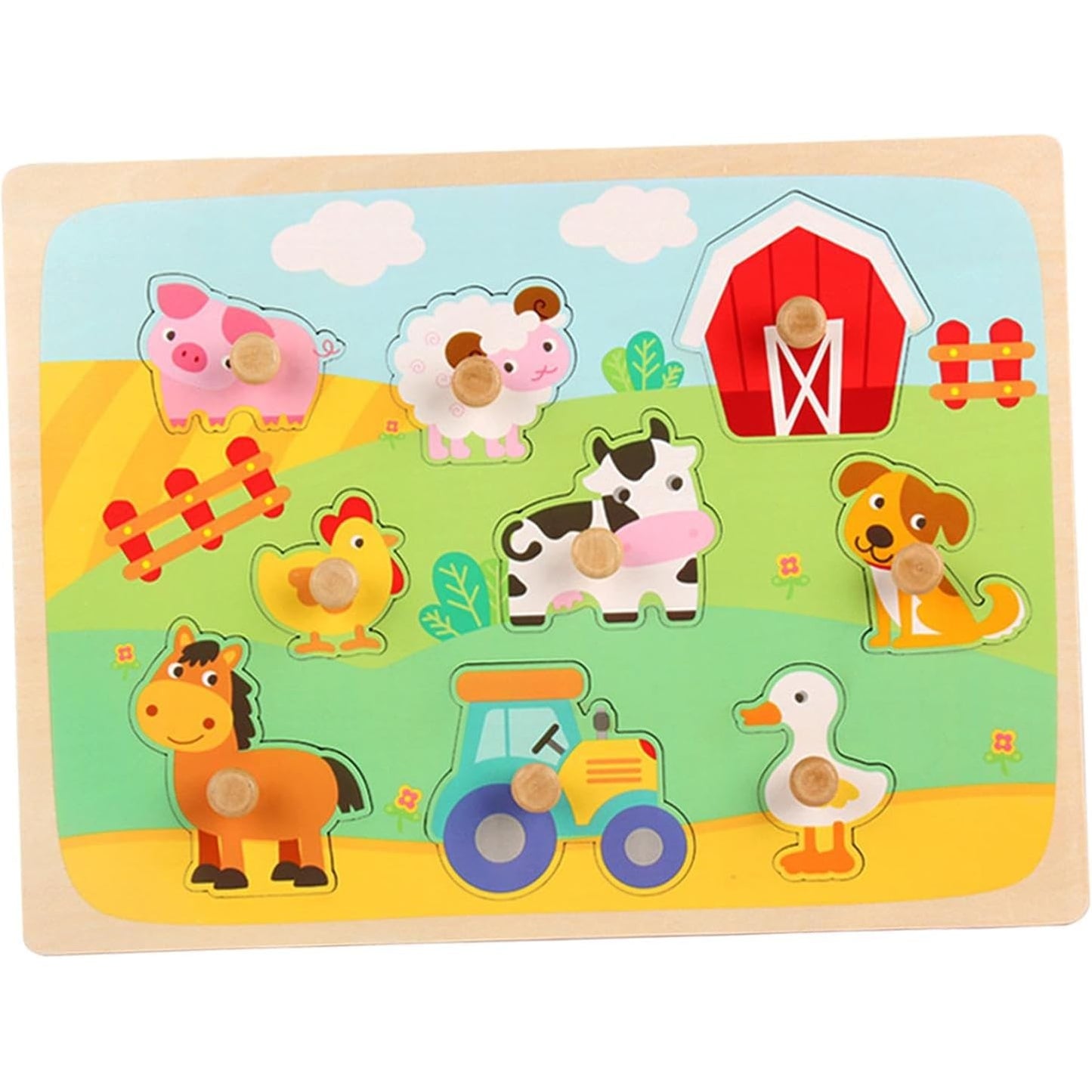 Puzzle Montessori din Lemn pentru Copii, Klevo, 3D, 0-3 Ani, Model Ferma, Educativ, Intuitiv, Creativ, 9 Piese, 30x22.5x0.8 cm, Multicolor