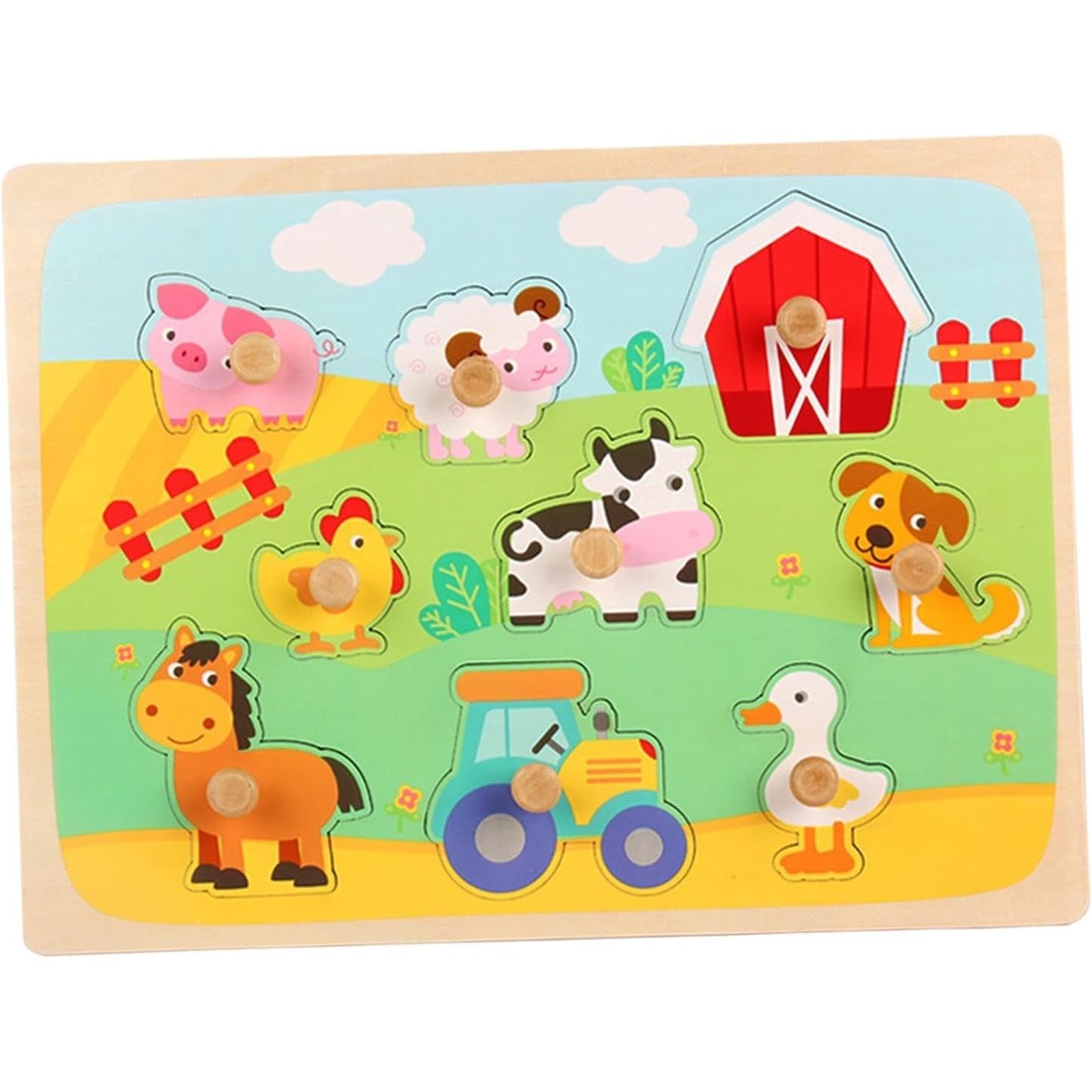 Puzzle Montessori din Lemn pentru Copii, Klevo, 3D, 0-3 Ani, Model Ferma, Educativ, Intuitiv, Creativ, 9 Piese, 30x22.5x0.8 cm, Multicolor