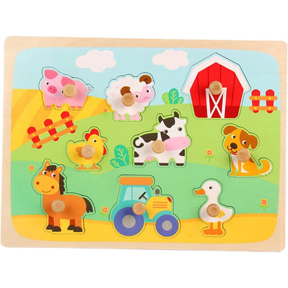 Puzzle Montessori din Lemn pentru Copii, Klevo, 3D, 0-3 Ani, Model Ferma, Educativ, Intuitiv, Creativ, 9 Piese, 30x22.5x0.8 cm, Multicolor