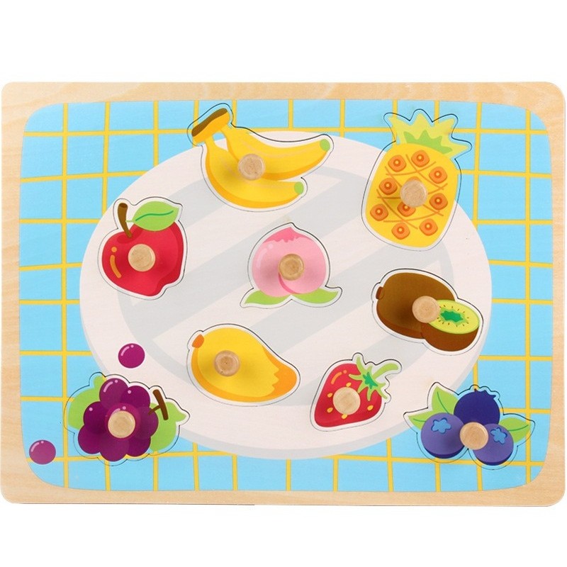 Puzzle Montessori din Lemn pentru Copii, Klevo, 3D, 0-3 Ani, Model Fructe, Educativ, Intuitiv, Creativ, 9 Piese, 30x22.5x0.8 cm, Multicolor