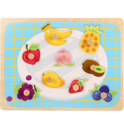 Puzzle Montessori din Lemn pentru Copii, Klevo, 3D, 0-3 Ani, Model Fructe, Educativ, Intuitiv, Creativ, 9 Piese, 30x22.5x0.8 cm, Multicolor