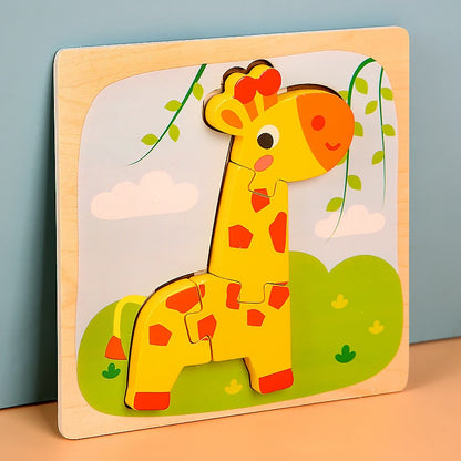 Puzzle Montessori din Lemn pentru Copii, Klevo, 3D, 0-3 Ani, Model Girafa, Educativ, Intuitiv, Creativ, 4 Piese, 15x15x0.5 cm, Multicolor