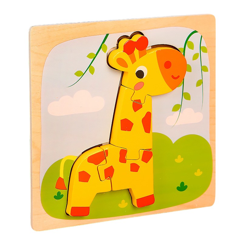 Puzzle Montessori din Lemn pentru Copii, Klevo, 3D, 0-3 Ani, Model Girafa, Educativ, Intuitiv, Creativ, 4 Piese, 15x15x0.5 cm, Multicolor