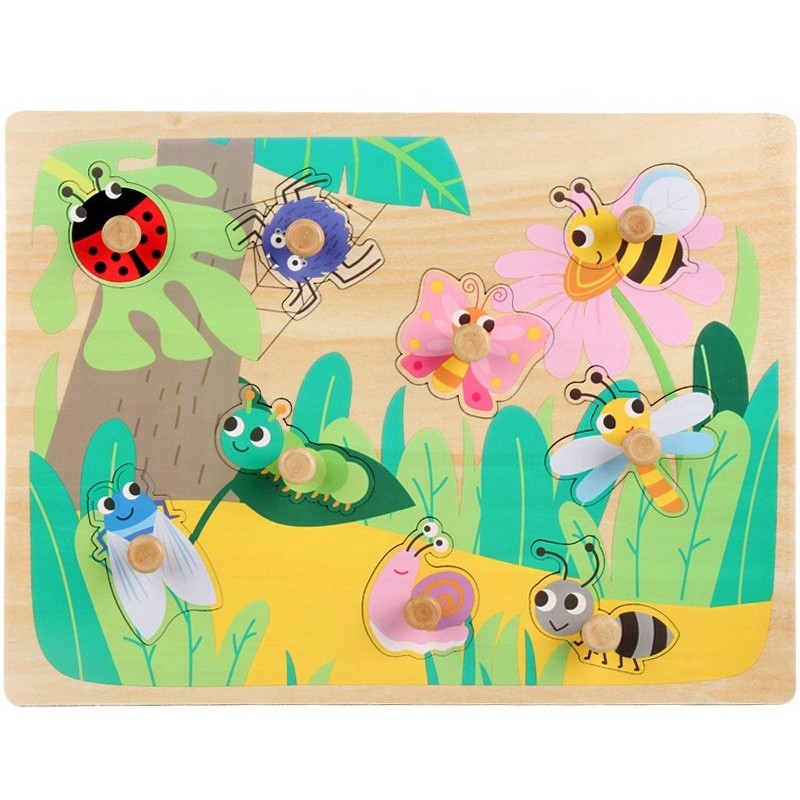 Puzzle Montessori din Lemn pentru Copii, Klevo, 3D, 0-3 Ani, Model Insecte, Educativ, Intuitiv, Creativ, 9 Piese, 30x22.5x0.8 cm, Multicolor