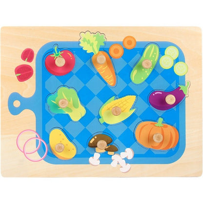 Puzzle Montessori din Lemn pentru Copii, Klevo, 3D, 0-3 Ani, Model Legume, Educativ, Intuitiv, Creativ, 9 Piese, 30x22.5x0.8 cm, Multicolor